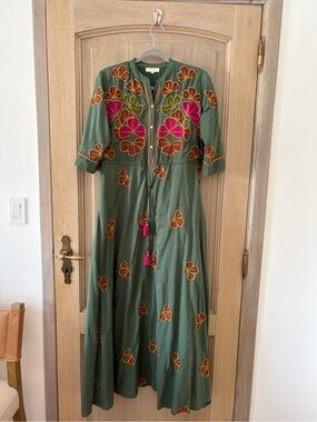 Green Embroidered Maxi Dress with Pink & Orange Floral Details